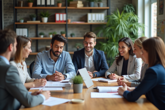 Groupe de professionnels en réunion dans un bureau moderne