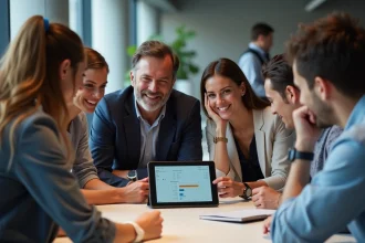 Groupe de professionnels numériques en réunion autour d'une tablette