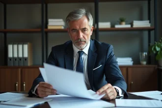 Homme d'affaires en costume examine des papiers au bureau