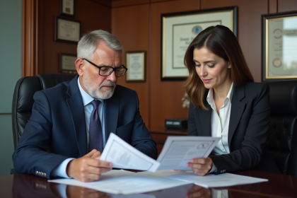 Homme d'affaires en costume avec femme d'affaires examinant des documents