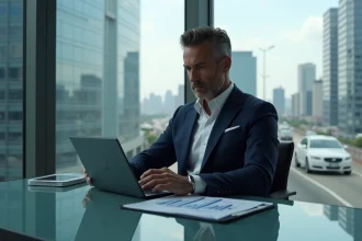 Homme d'affaires en costume regardant des graphiques financiers