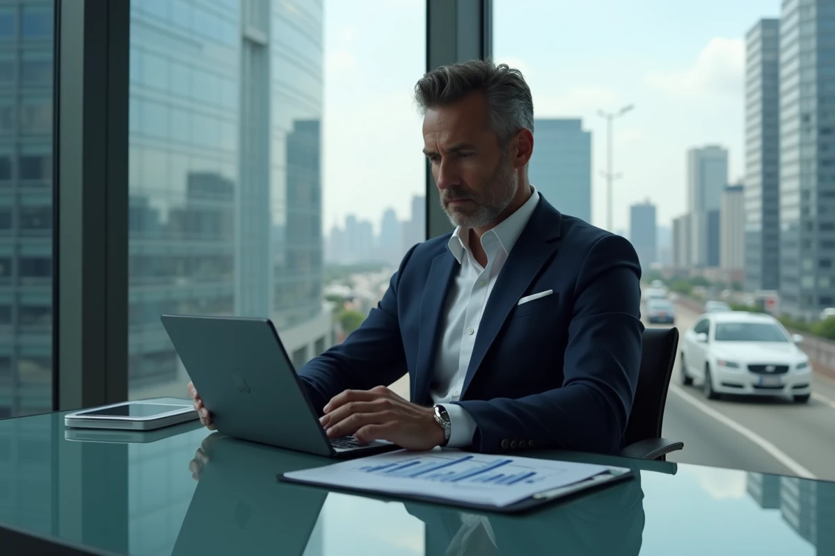 Homme d'affaires en costume regardant des graphiques financiers