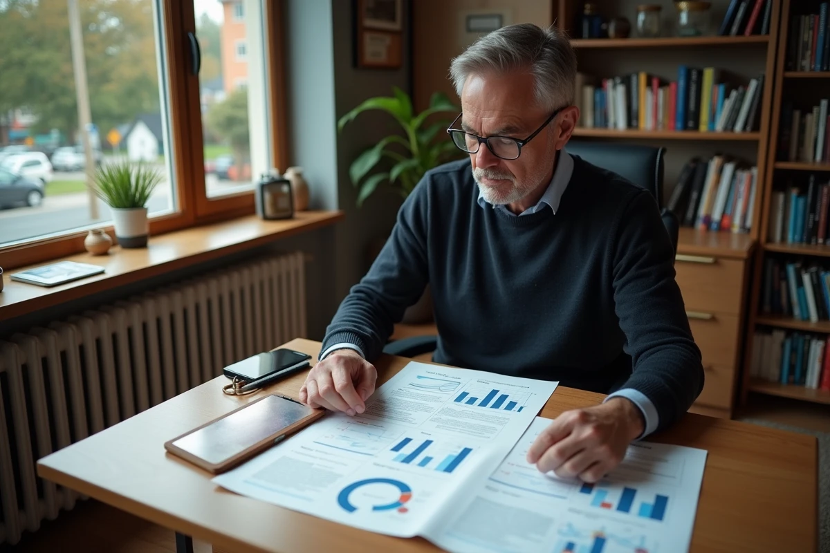 Homme mature analysant des matrices McKinsey &agrave; la maison