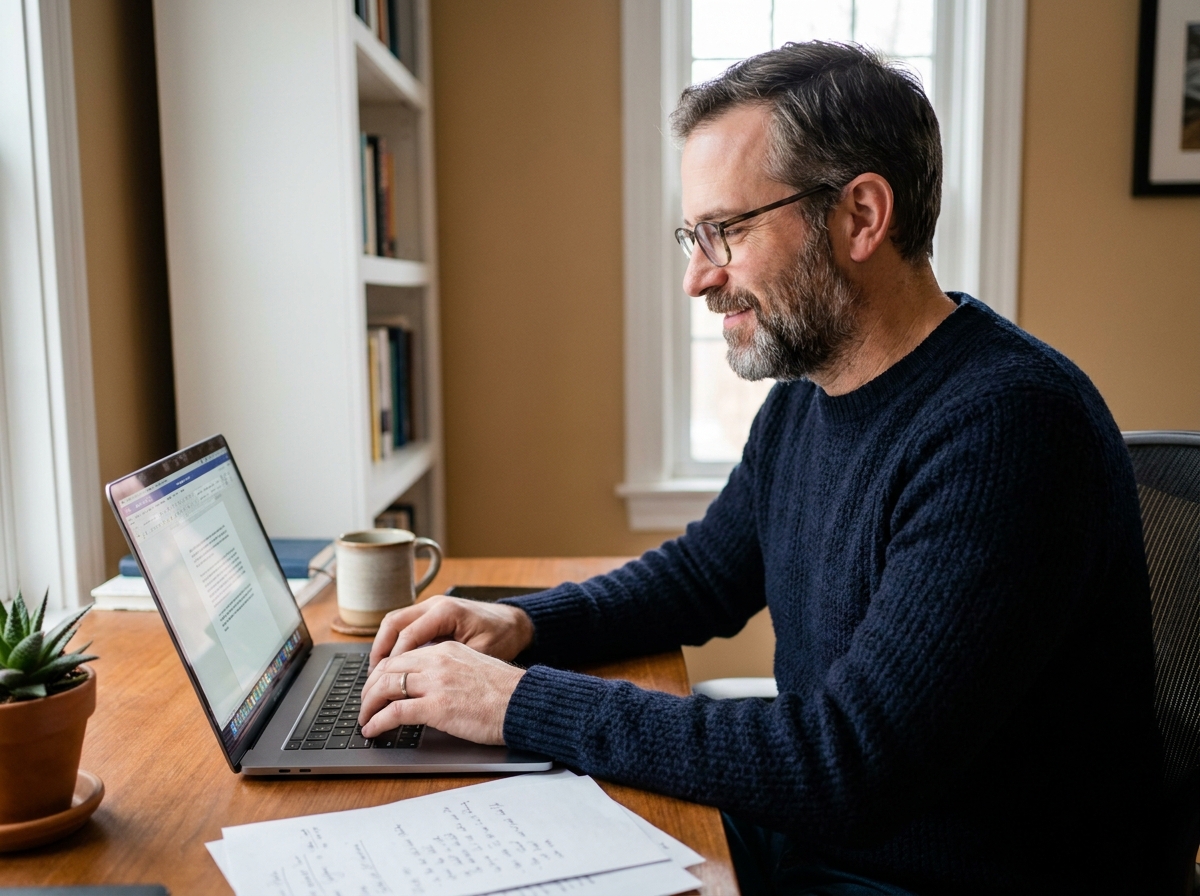 Homme en télétravail rédigeant un avis client ou un message de parrainage sur son ordinateur portable à domicile