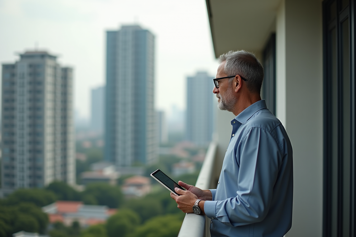 Homme travaillant sur son balcon avec vue sur la ville
