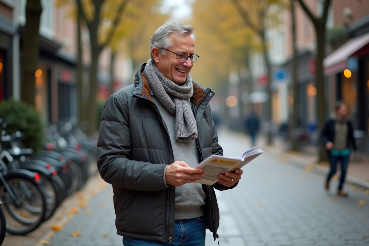 Homme lisant des brochures d