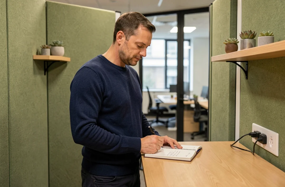 Homme travaillant debout dans un espace de coworking calme et modulable à Paris 13
