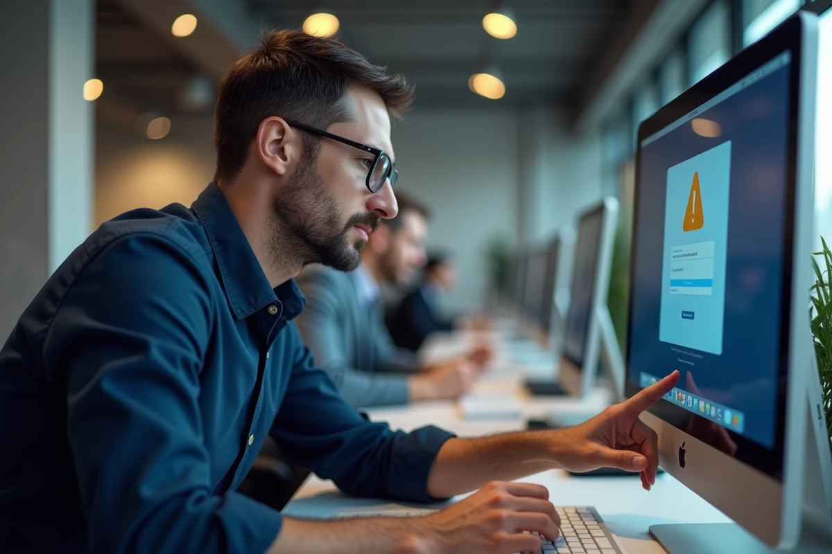 Homme en bureau pointant une erreur de connexion sur un formulaire en ligne Celoxam
