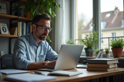 Homme d'&acirc;ge moyen au bureau &agrave; domicile &agrave; Paris