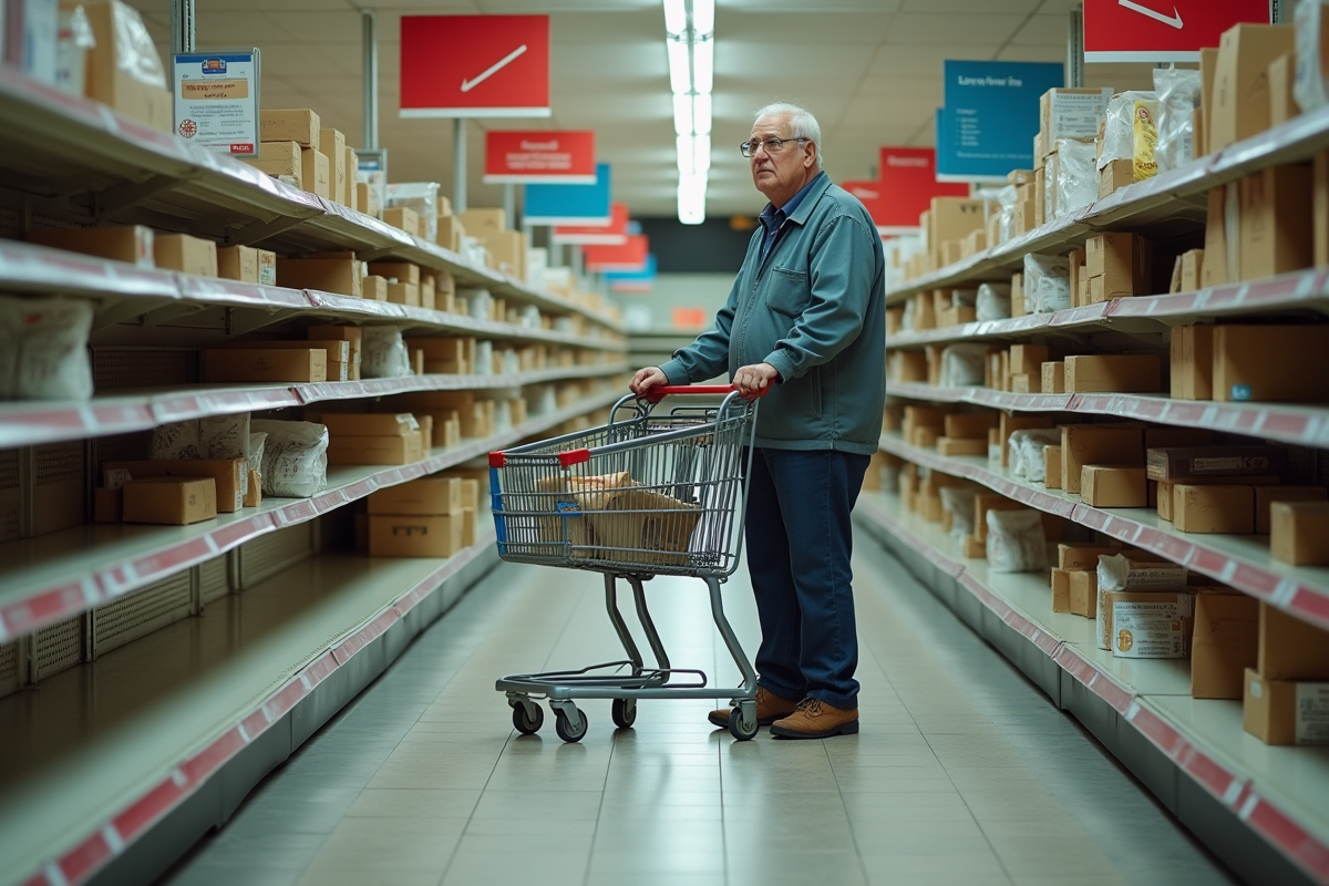 Homme âgé poussant un chariot dans un magasin vide et abandonné