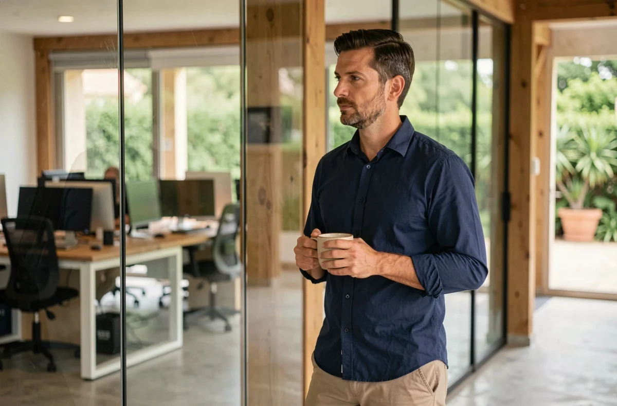 Homme réfléchi tenant un café dans un espace de coworking à Venelles, choisissant son futur espace de travail