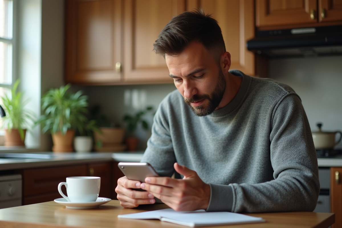Homme comparant deux téléphones dans une cuisine chaleureuse