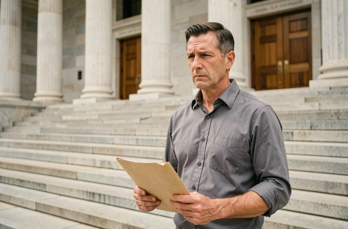 Homme devant un palais de justice tenant une enveloppe lors d'une procédure d'appel aux prud'hommes