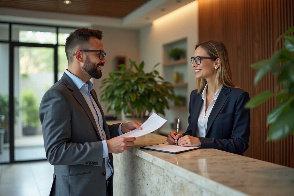 Homme discutant avec la reception dans un spa moderne