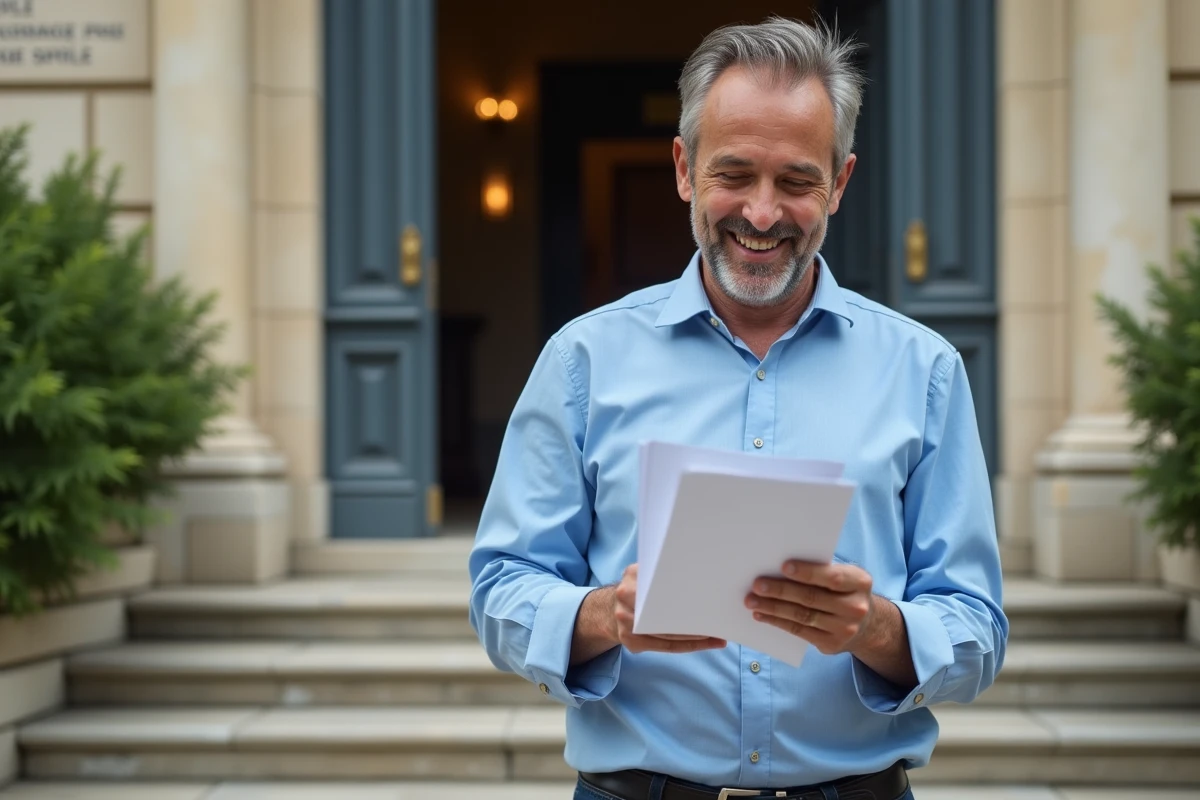 Homme entrepreneur souriant devant un bâtiment administratif régional