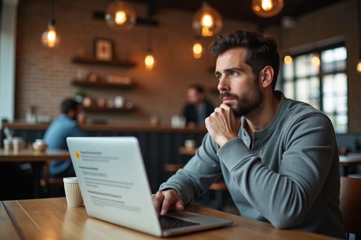Homme lisant des avis utilisateurs sur une plateforme de gestion d'équipe dans un café urbain