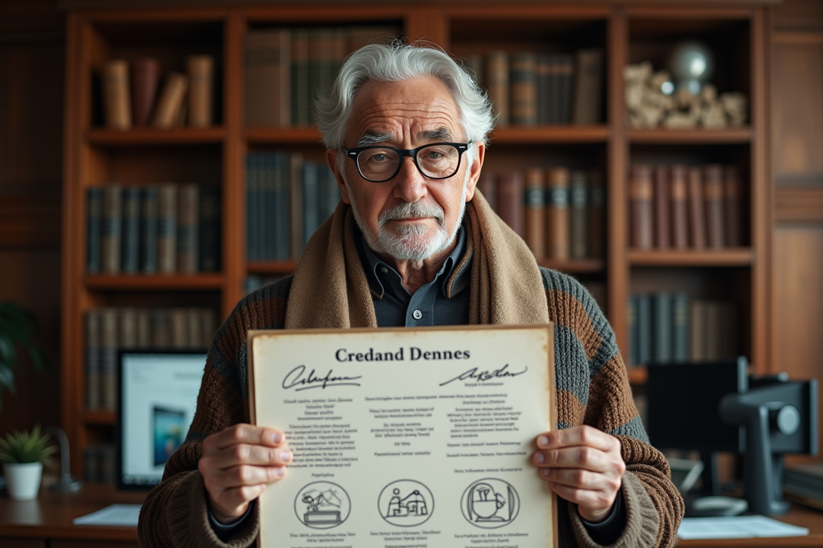 Homme âgé tenant des documents légaux illustrés