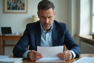 Homme d'âge moyen lit une lettre dans son bureau