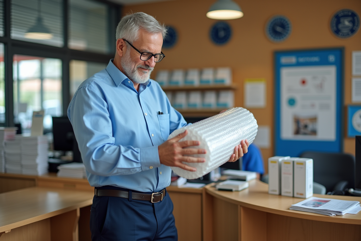 Homme d'âge moyen examinant un rouleau de bulle dans un bureau de poste