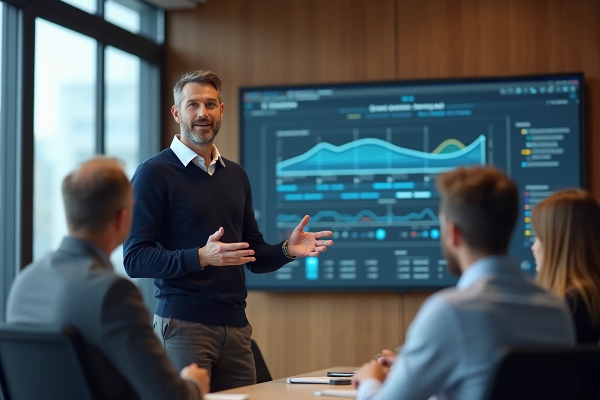 Homme pr&eacute;sentant une feuille de route digitale &agrave; ses coll&egrave;gues