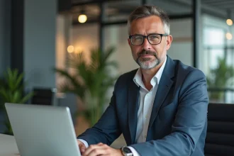 Homme sérieux en veste casual devant un ordinateur professionnel