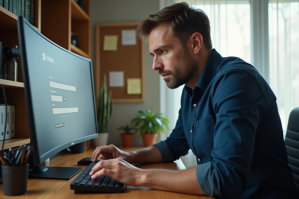 Homme en télétravail tentant de réinitialiser son mot de passe sur un portail RH depuis son bureau à domicile