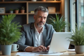 Homme d'âge moyen au bureau avec expression sceptique