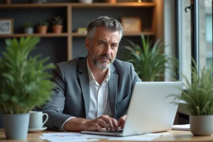 Homme d'&acirc;ge moyen au bureau avec expression sceptique
