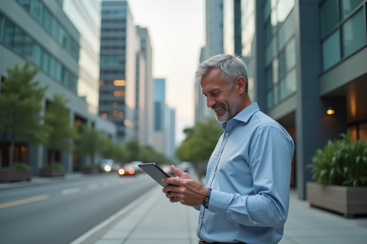 Homme d age moyen regardant son tablet en ville