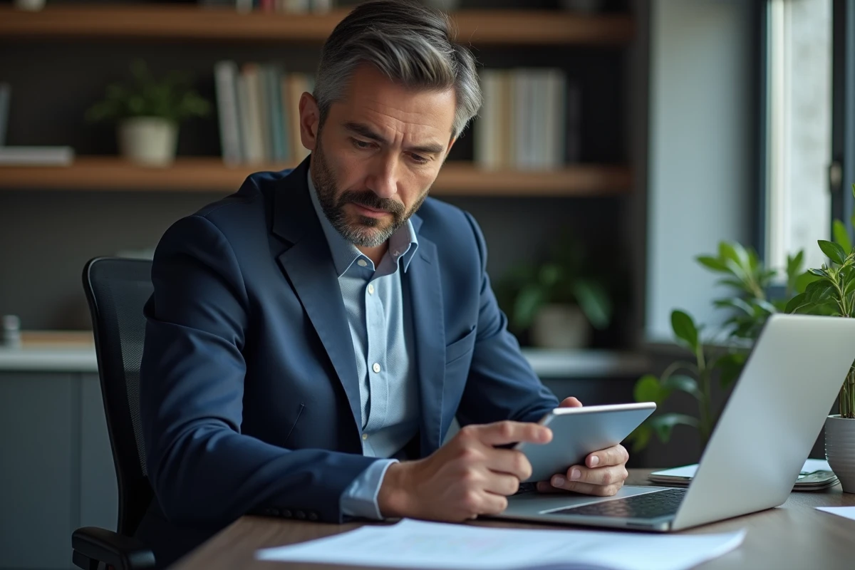 Homme en costume utilisant une tablette dans un bureau moderne