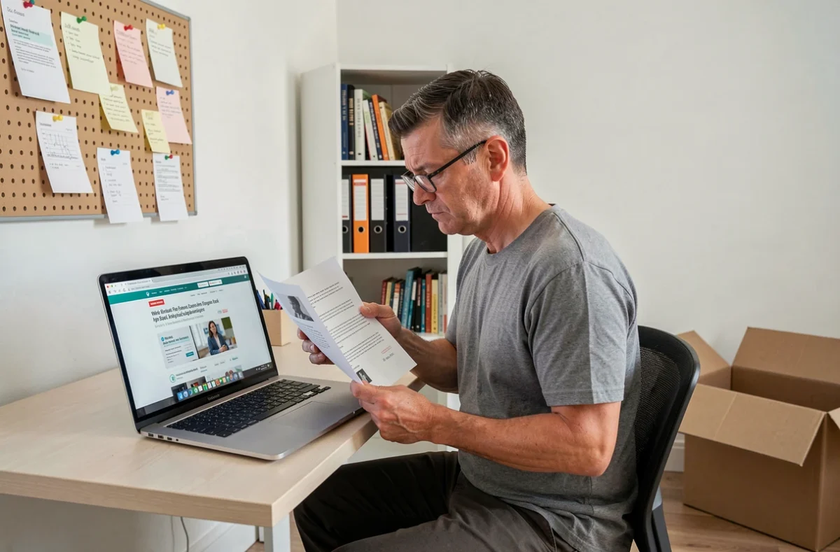 Homme à domicile analysant une offre d'emploi d'emballage sur papier et ordinateur portable, évaluant la fiabilité d'une annonce