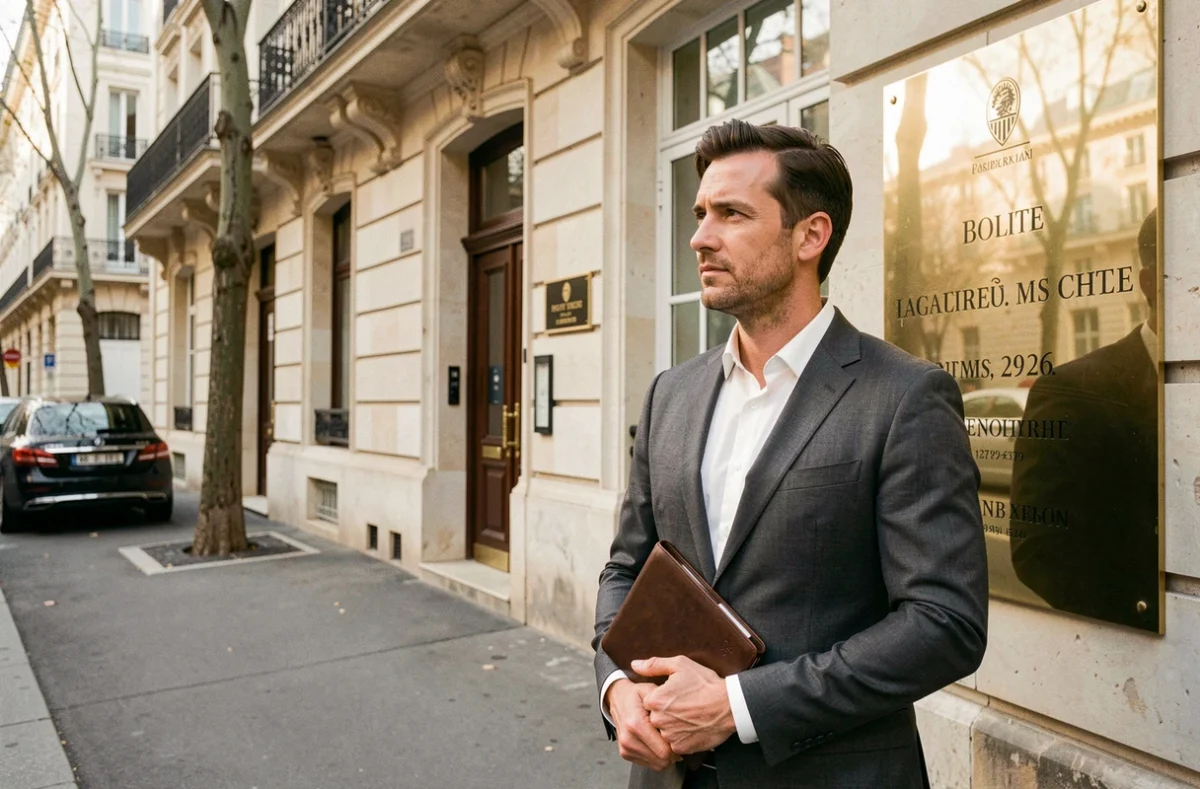Entrepreneur devant un immeuble haussmannien avec une plaque de domiciliation commerciale à Neuilly-sur-Seine