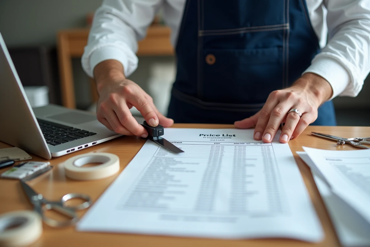 Homme découpant une affiche tarif imprimée maison avec un massicot sur un bureau de travail