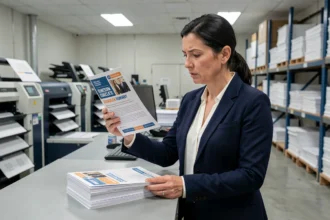 Femme examinant des tracts électoraux imprimés en urgence dans un atelier d'impression professionnel
