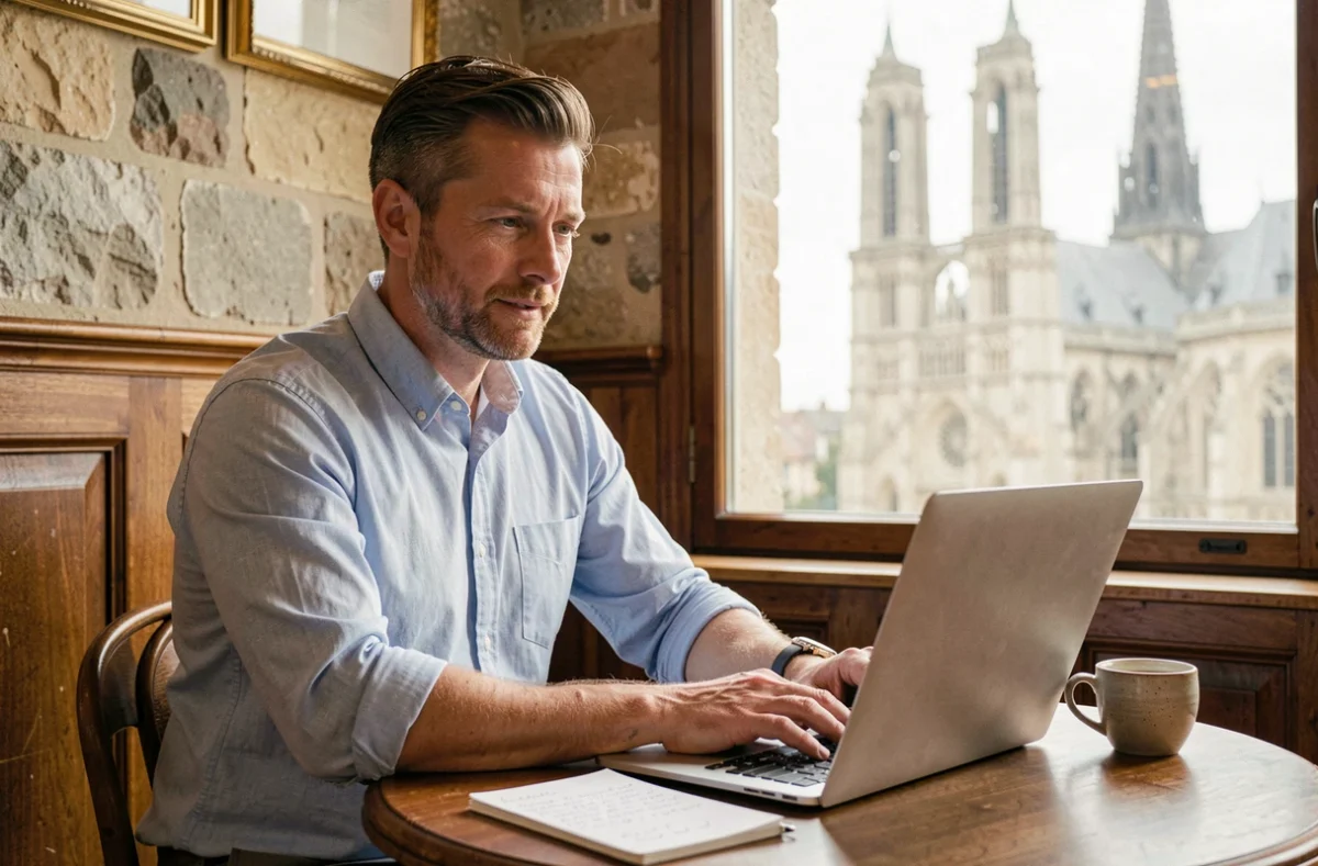 Travailleur indépendant en portage salarial consultant ses options sur un ordinateur portable dans un café de Chartres