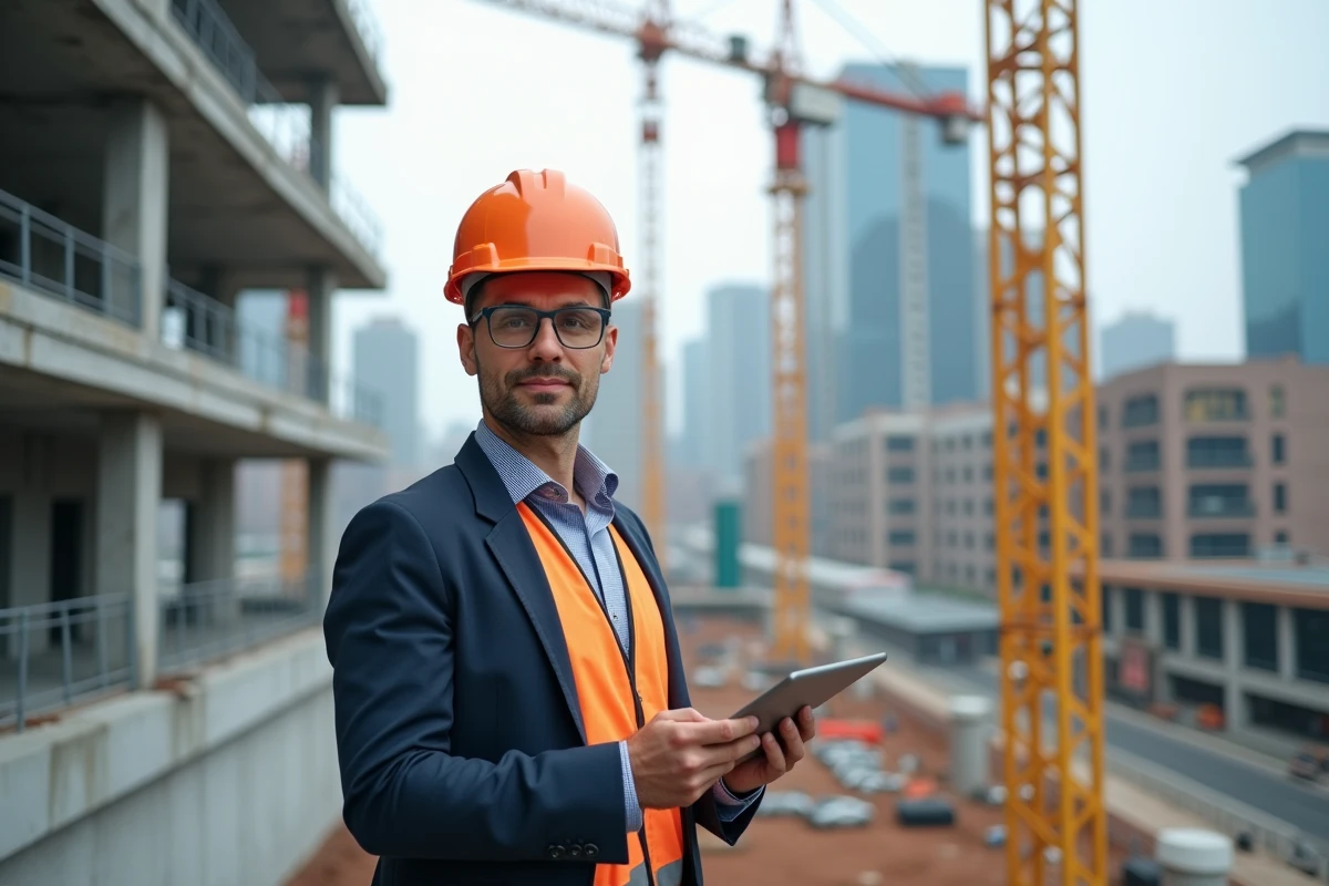 Ingénieur de chantier avec tablette sur site urbain