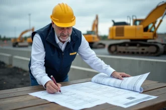 Ingénieur en travaux publics consultant l'index TP08 de l'INSEE sur un chantier de voirie