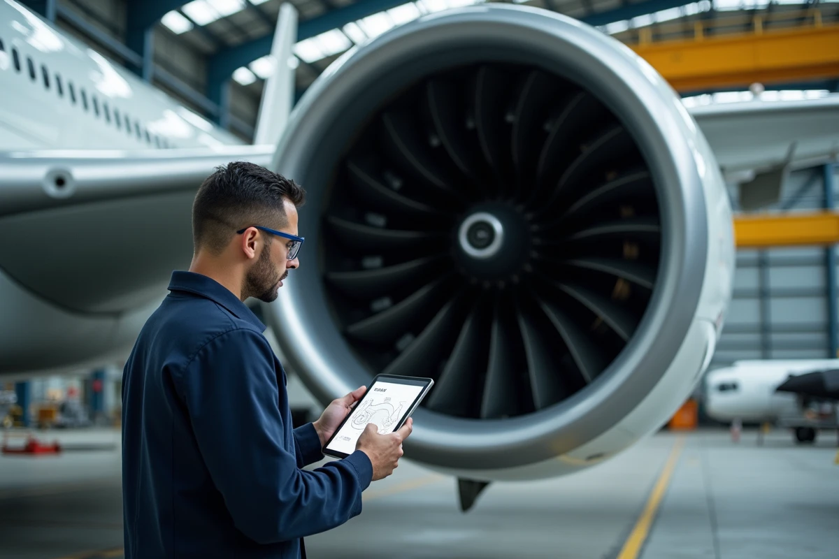 Ingénieur en maintenance inspectant le moteur turbofan d'un biréacteur long-courrier dans un hangar MRO industriel