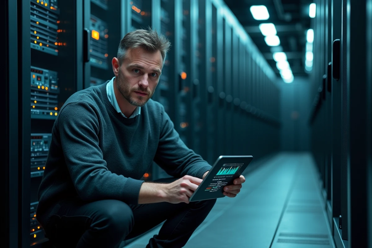 Ingénieur systèmes vérifiant les performances cloud sur tablette dans une salle de serveurs d'entreprise modernisée