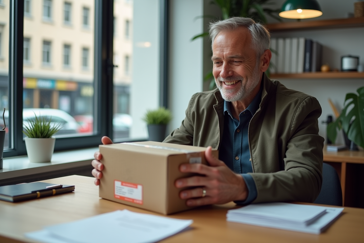 Homme belge vérifiant un colis dans son bureau
