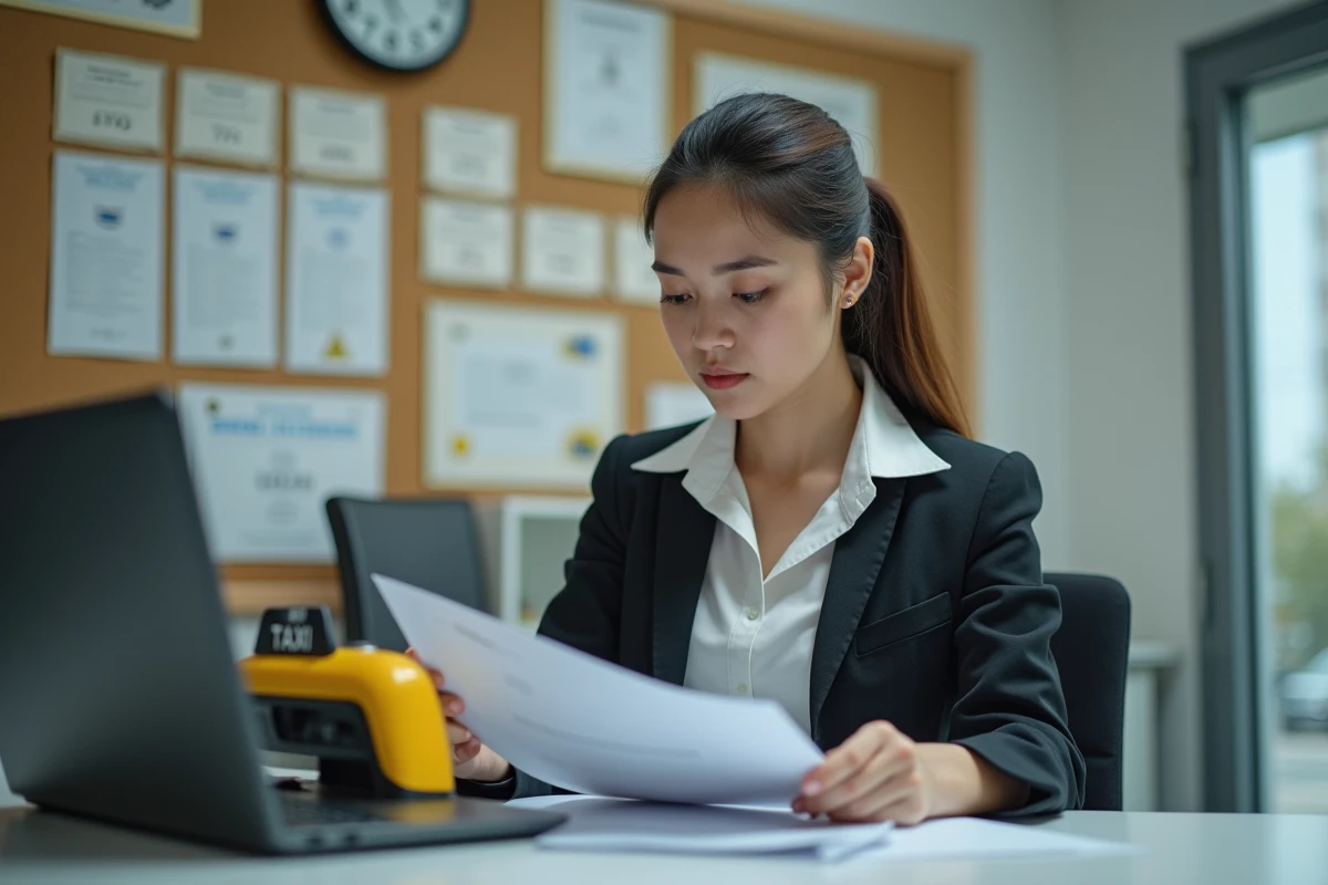 Jeune femme inspectant un taxi dans un bureau moderne