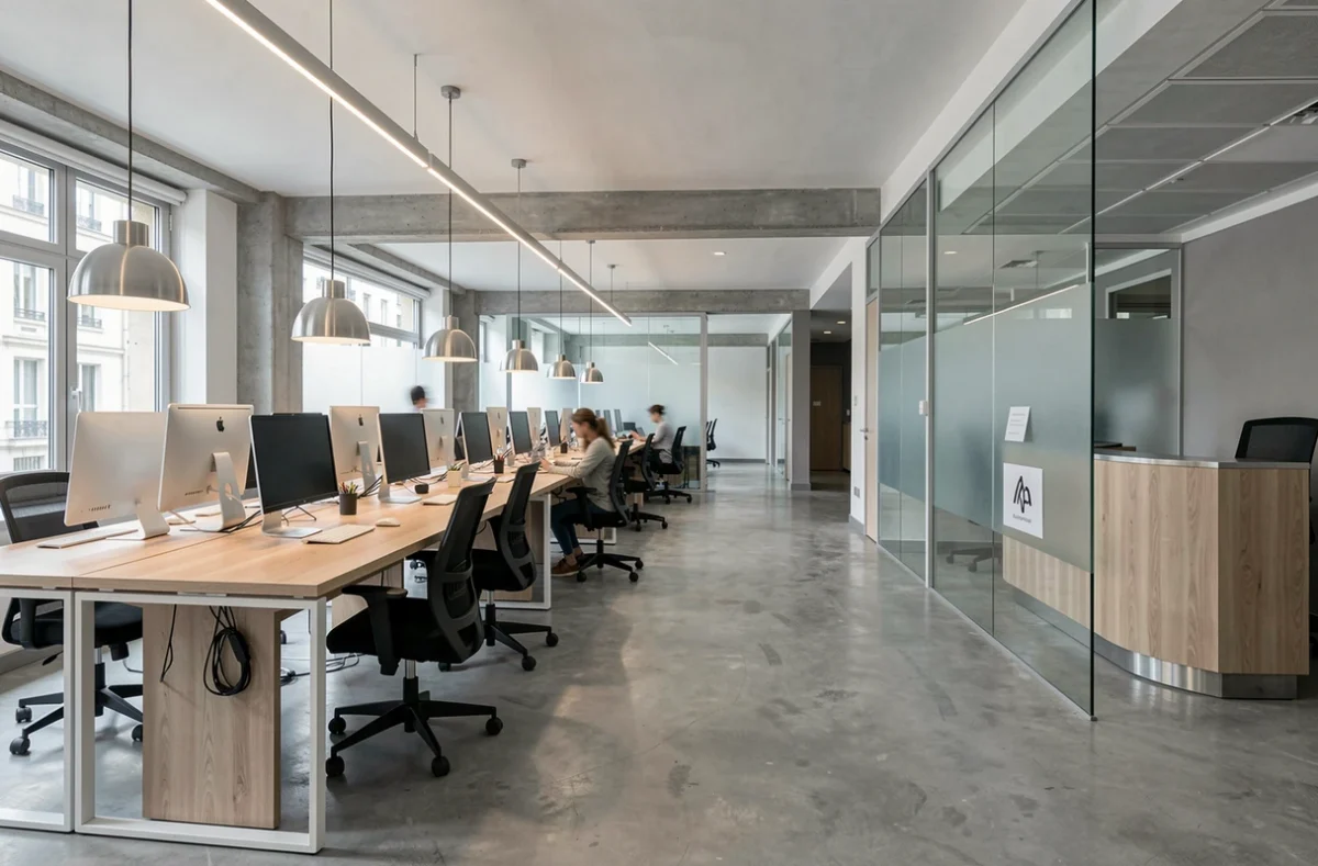 Vue intérieure d'un espace de coworking moderne et flexible dans le 13e arrondissement de Paris