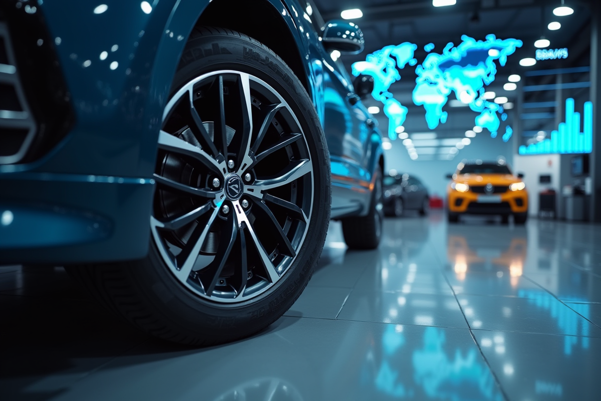 Jante de voiture haut de gamme avec pneu en showroom moderne
