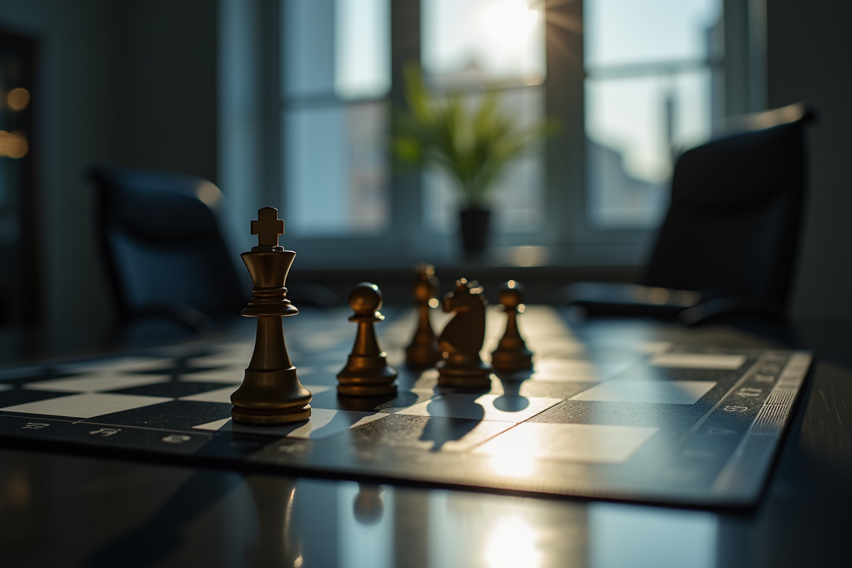 Échiquier sur un bureau moderne avec pièces clés en focus