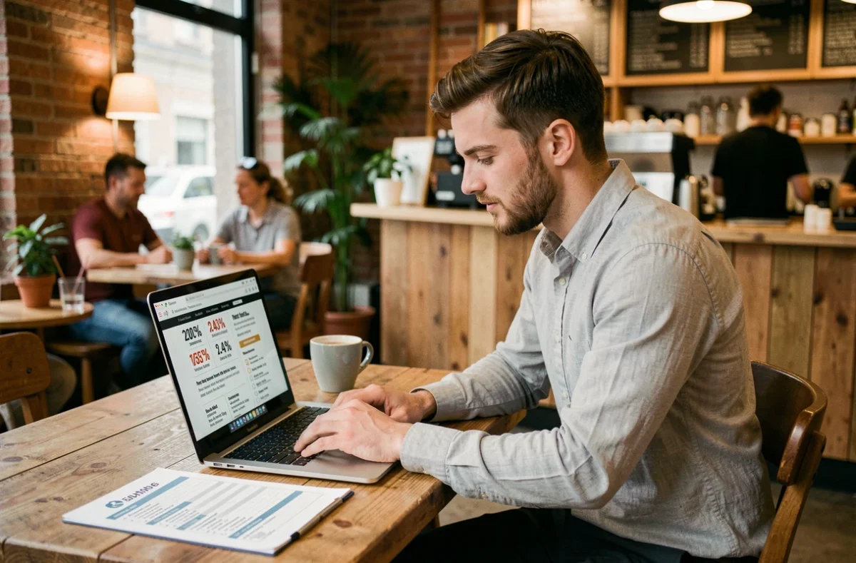 Jeune commercial retravaillant son CV avec des exemples chiffrés depuis un café branché