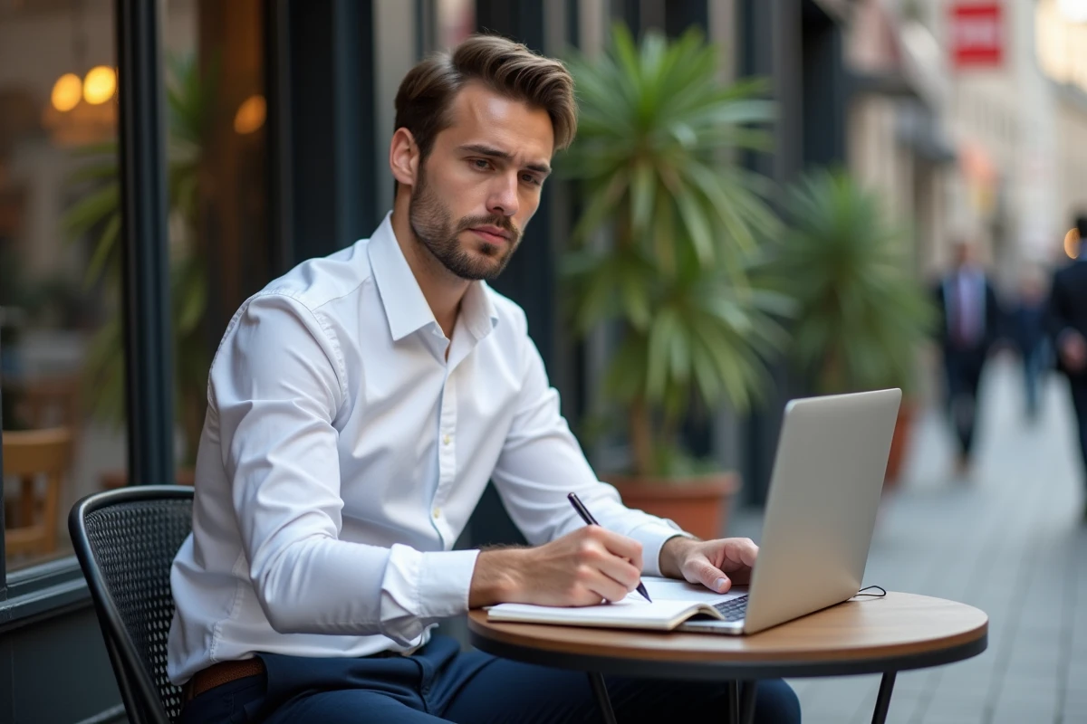 Jeune entrepreneur seul au caf&eacute; en train de travailler