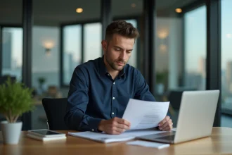 Jeune entrepreneur homme travaillant sur des documents financiers