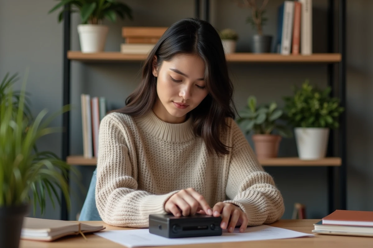 Jeune femme utilisant un enregistreur audio dans un bureau moderne