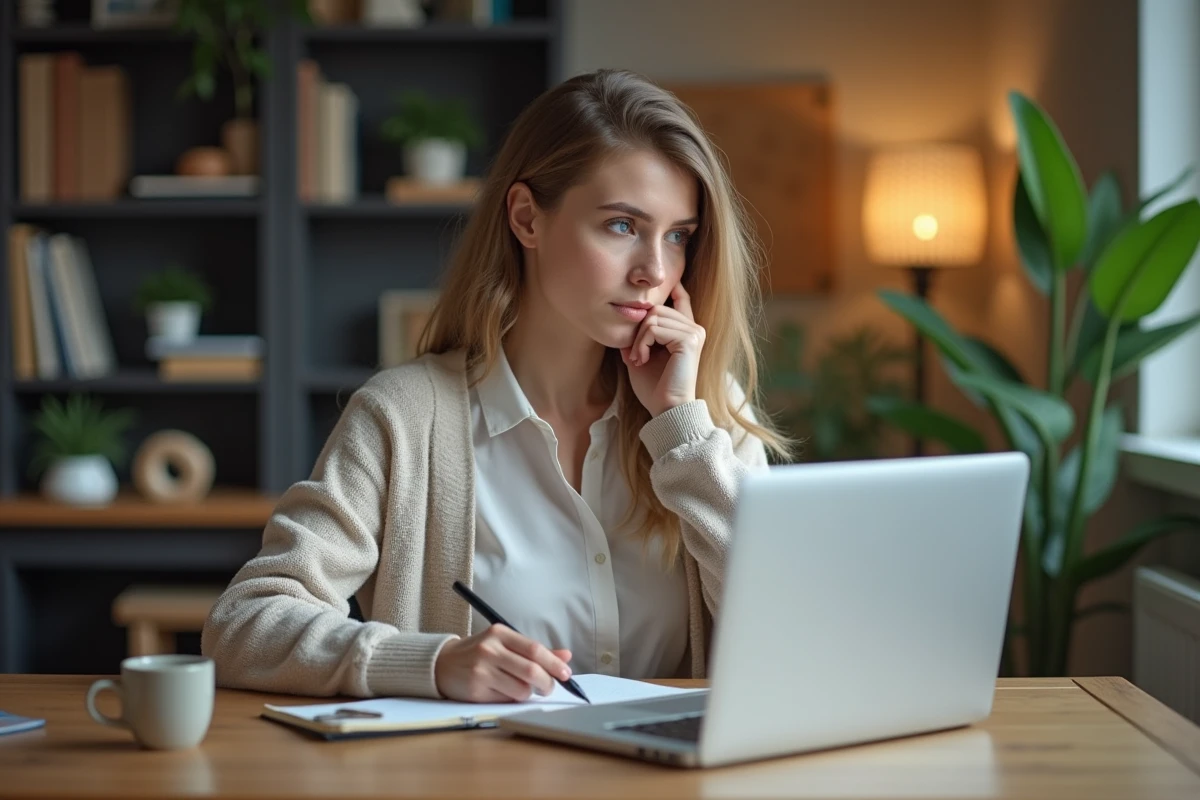 Jeune femme pensant dans son bureau cosy avec ordinateur