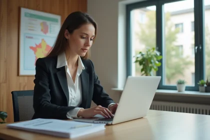 Jeune femme entrepreneure au bureau avec documents r&eacute;gionaux